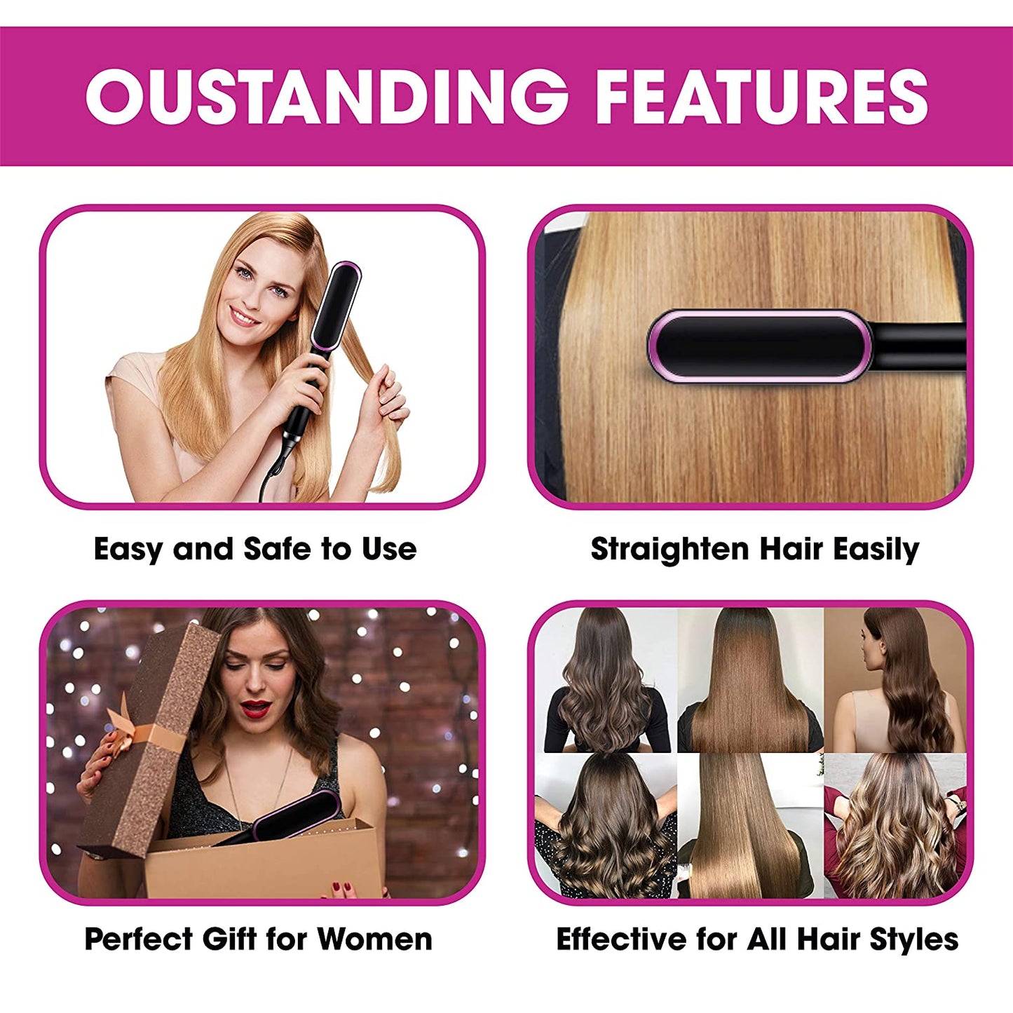 2 In 1 Ionic Straightener Brush With 3 Heat Levels Fast Ceramic Heating Anti-Scald Comb