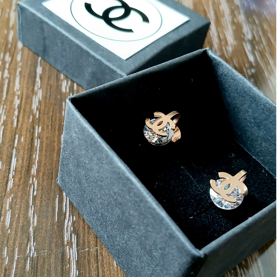 Channel CC Cluster Stud Earrings Rose Gold