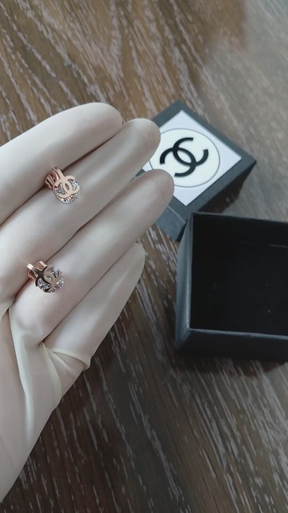 Channel CC Cluster Stud Earrings Rose Gold